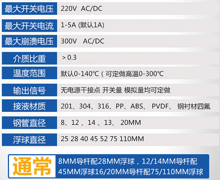 不銹鋼浮球液位計(jì)技術(shù)參數(shù)對照表